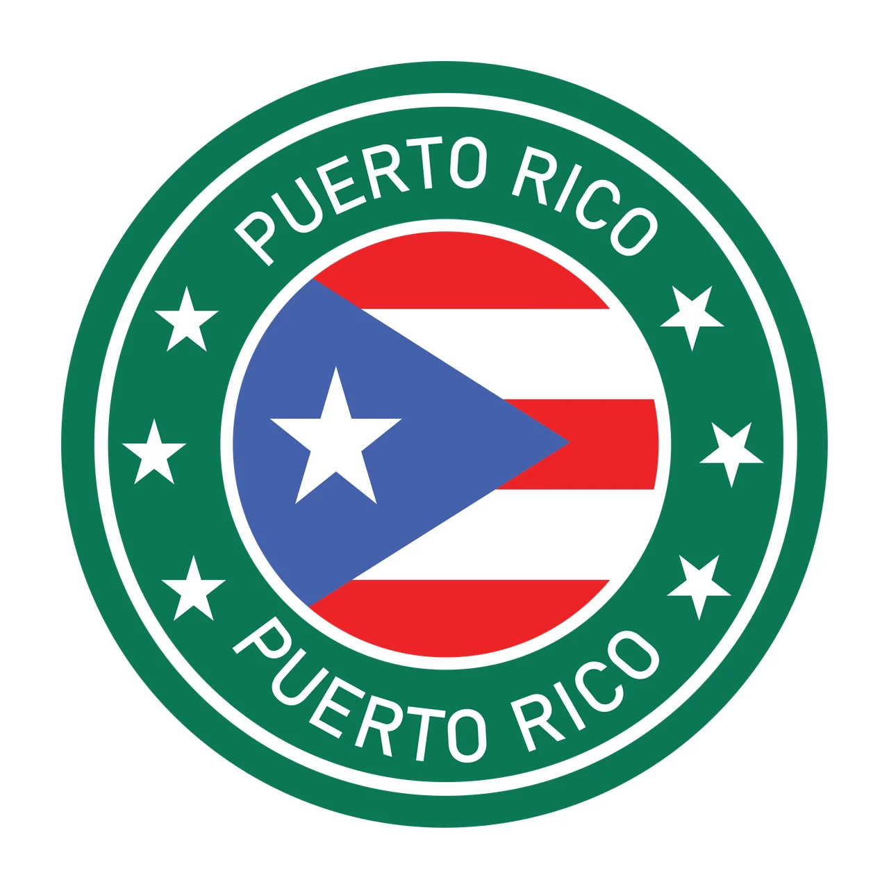 PUERTO RICO PUERTO RICO Puerto Rico flag emblem Design with stars, circular frame, outer ring and text arc in green, white and red