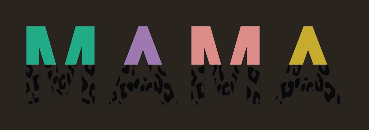 MAMA Typography Design with outlined letters, animal print pattern and color blocks in emerald green, purple and coral pink contrast preview thumbnail