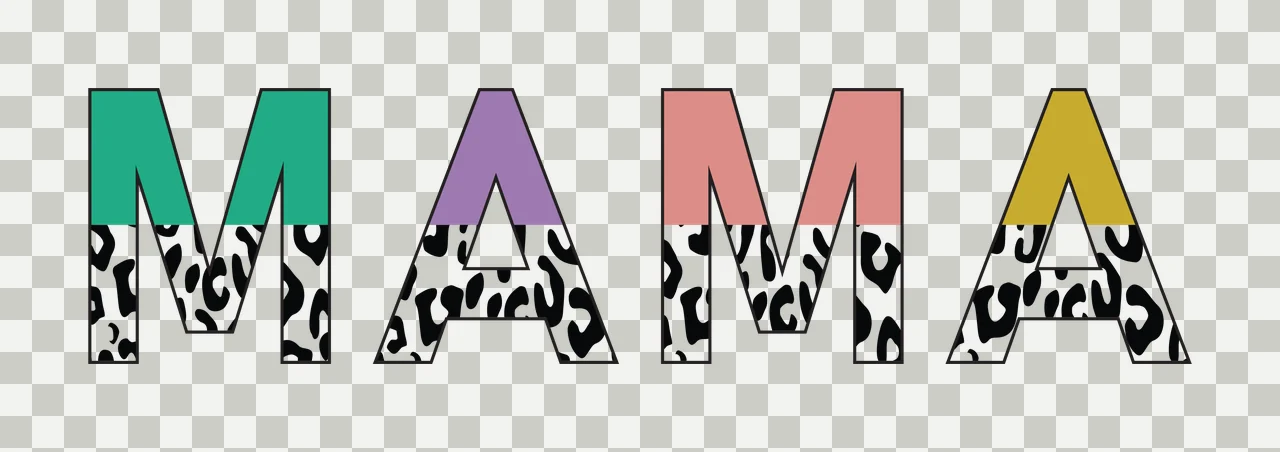 MAMA Typography Design with outlined letters, animal print pattern and color blocks in emerald green, purple and coral pink transparency and detail preview thumbnail