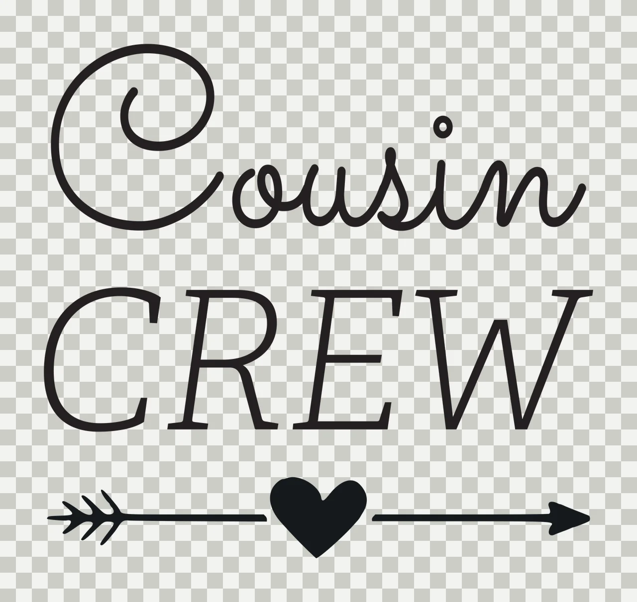 Cousin CREW Typography Design with arrow and heart in black and white transparency and detail preview thumbnail