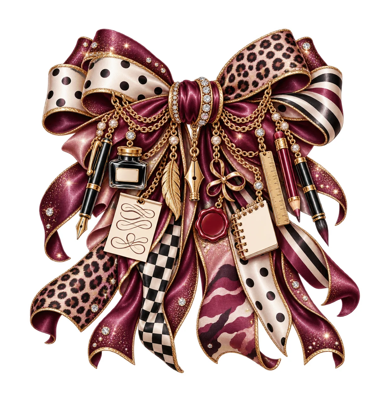Calligraphy Hand Lettering Bow Charm PNG, Fountain Pen Ink Quill and Nib Charms, Creative Hobby Sublimation Design