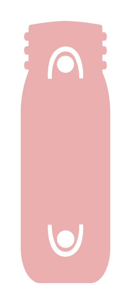 Reusable water bottle Illustration with bottle silhouette, top cap with ridges, white circular arch graphic accents and rounded corners in dusty rose pink