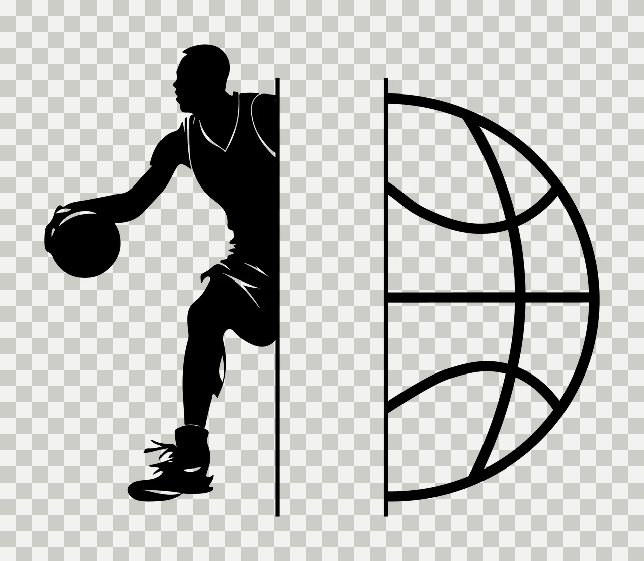 Ball Split Composition With Basketball Player And Half Dribbling transparency and detail preview thumbnail