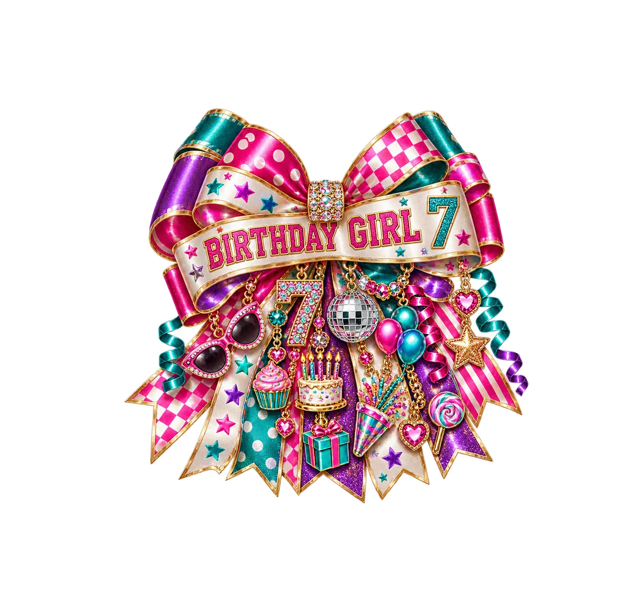 Birthday Girl 7 Bow Charm PNG, Patterned Coquette Bow Clipart, Transparent Sublimation Digital Download
