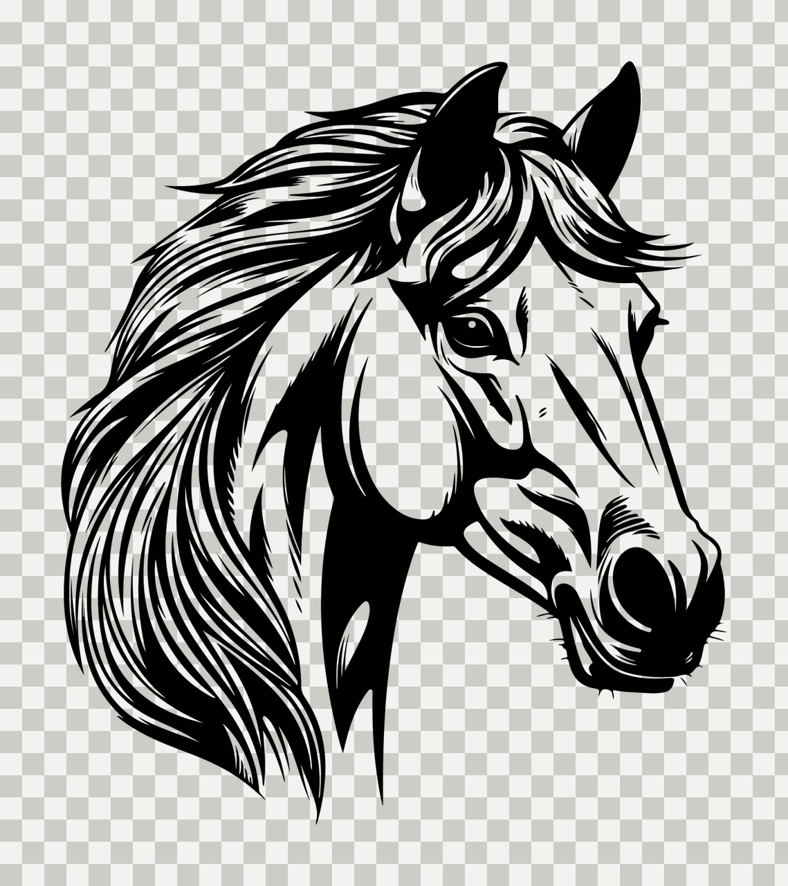 Horse Head Black And White Profile viewing neck mane eye nostril transparency and detail preview thumbnail