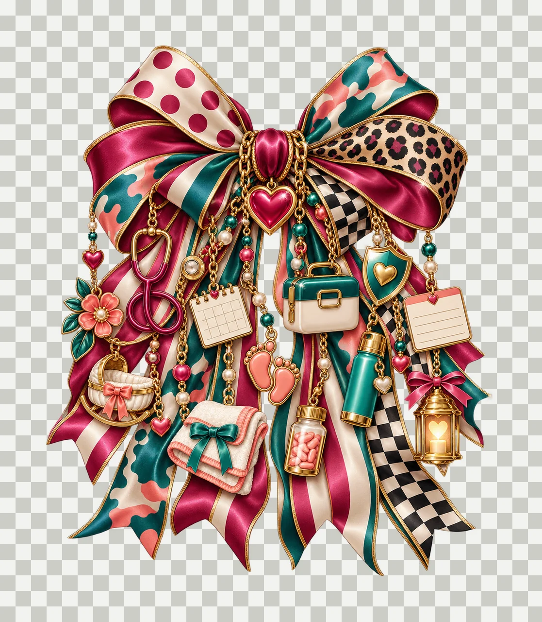 Maternal Health Support Bow Charm PNG, Heart Stethoscope Cradle and Care Charms, Family Health Sublimation Design transparency and detail preview thumbnail