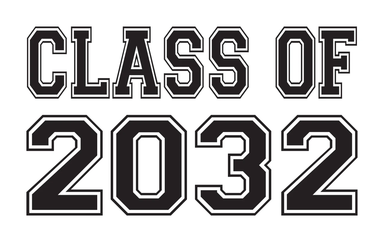 CLASS OF 2032 Typography Design with black text with white outline, uppercase letters and numbers 2 0 3 2