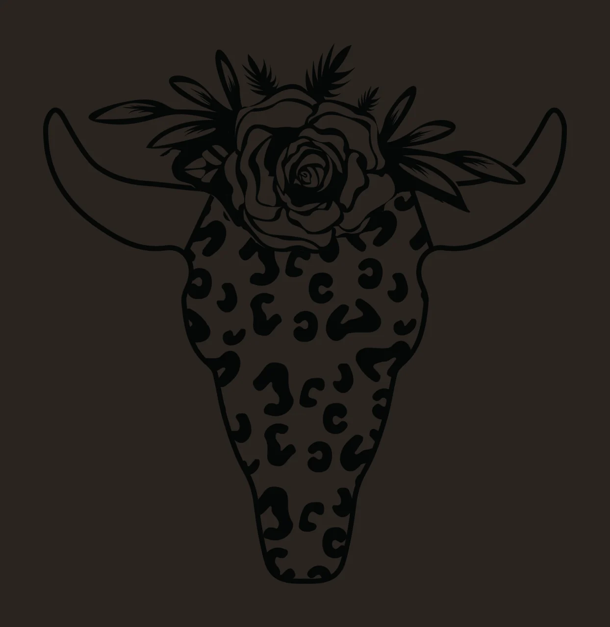 Cow Leopard Print Skull With Rose leaves pattern line art black contrast preview thumbnail