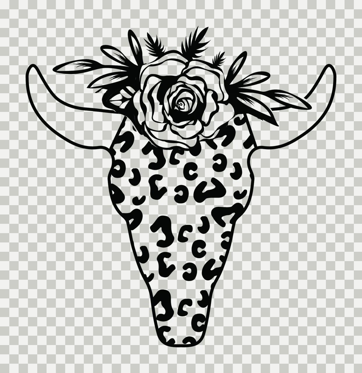 Cow Leopard Print Skull With Rose leaves pattern line art black transparency and detail preview thumbnail