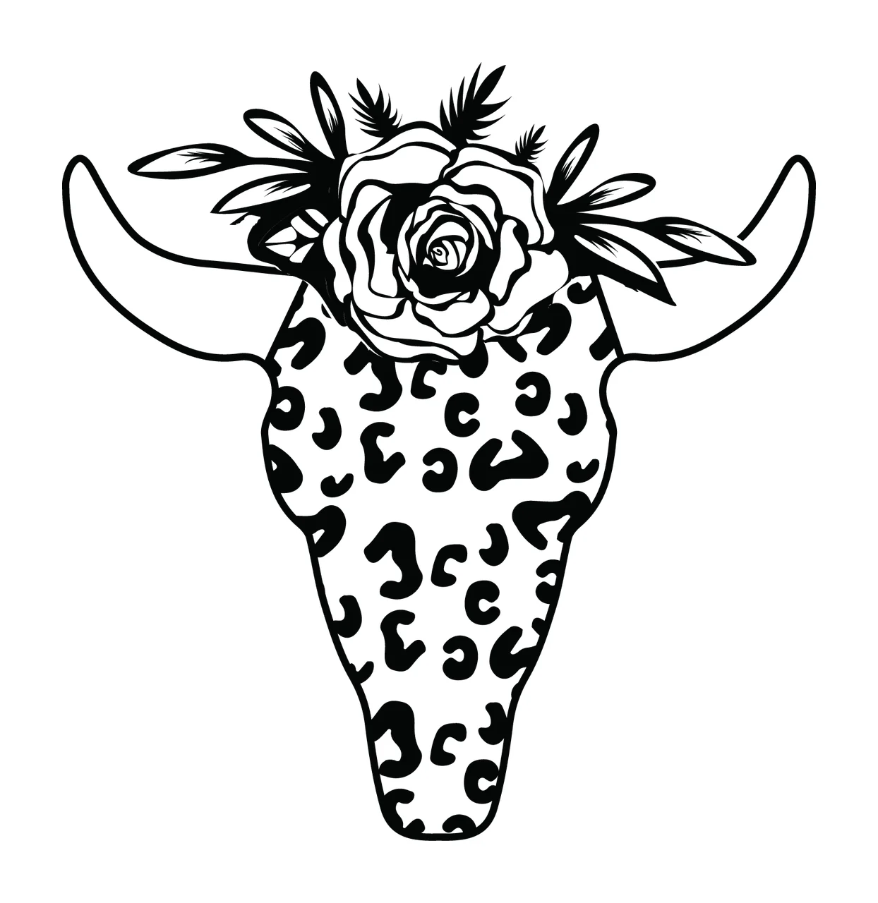 Cow Leopard Print Skull With Rose leaves pattern line art black