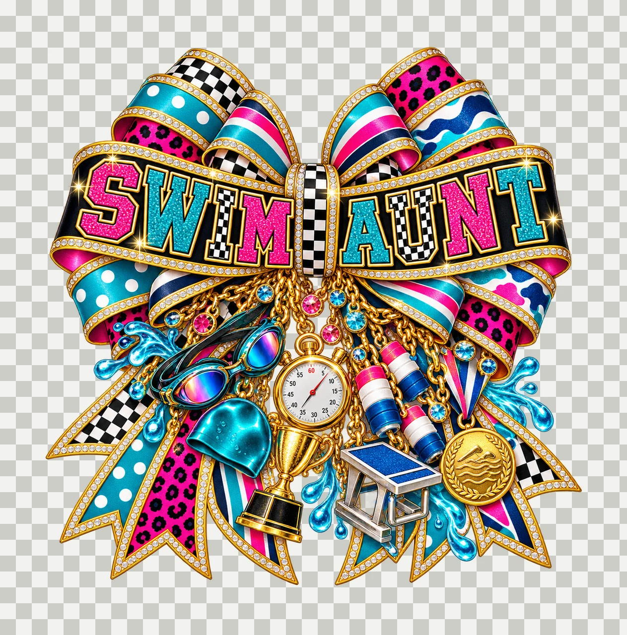 Swim Aunt Bow Charm PNG, Patterned Varsity Aunt Ribbon Clipart, Transparent Sublimation Digital Download transparency and detail preview thumbnail