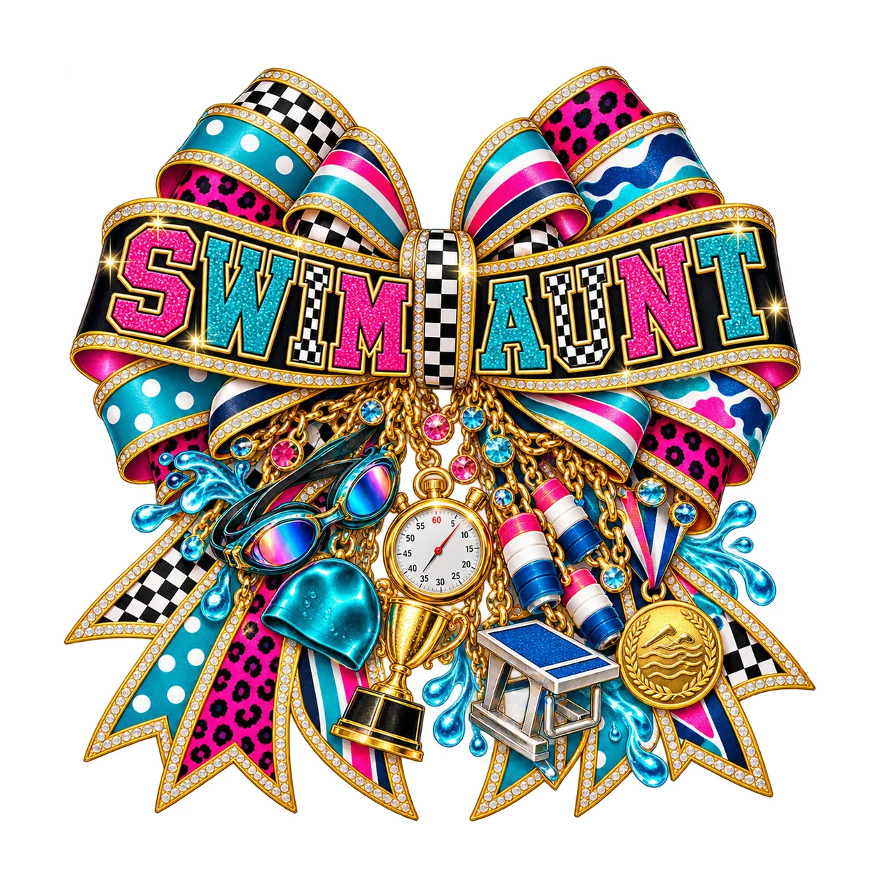 Swim Aunt Bow Charm PNG, Patterned Varsity Aunt Ribbon Clipart, Transparent Sublimation Digital Download