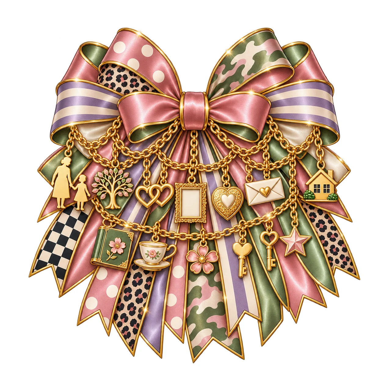 Granddaughter Bow Charm PNG, Gold Chain Charms, Transparent Sublimation Design, Digital Download