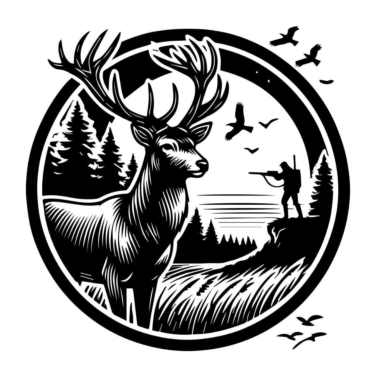 Stag Silhouette In Outdoor Forest Landscape standing trees