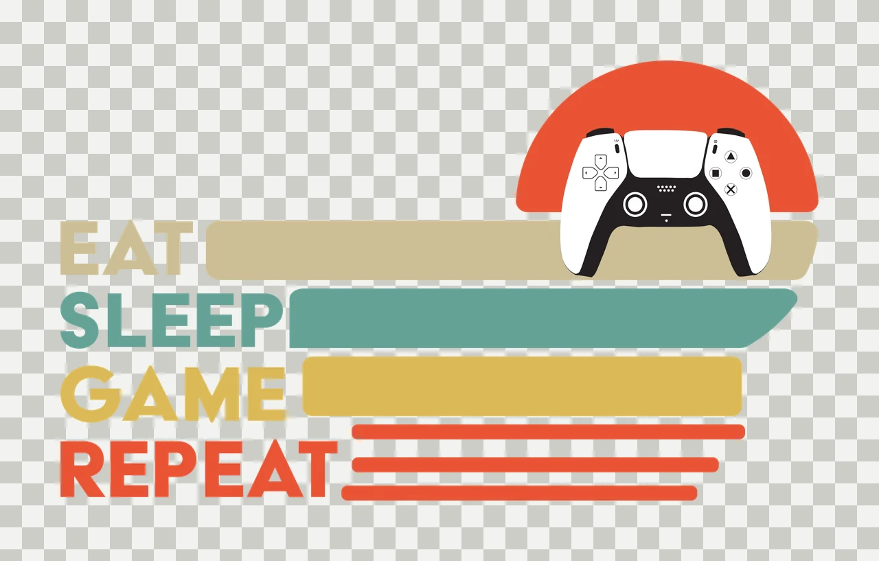EAT SLEEP GAME REPEAT video game controller Design with horizontal stripes, semi-circle sun and typography in red, orange and tan transparency and detail preview thumbnail