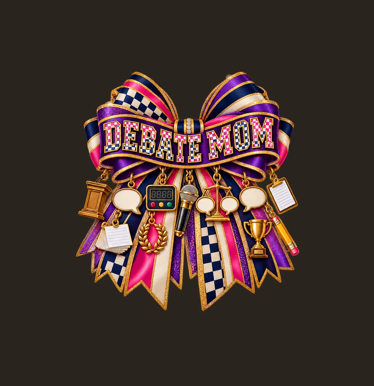 Debate Mom Bow Charm PNG, Patterned Varsity Mom Ribbon Clipart, Transparent Sublimation Digital Download contrast preview thumbnail