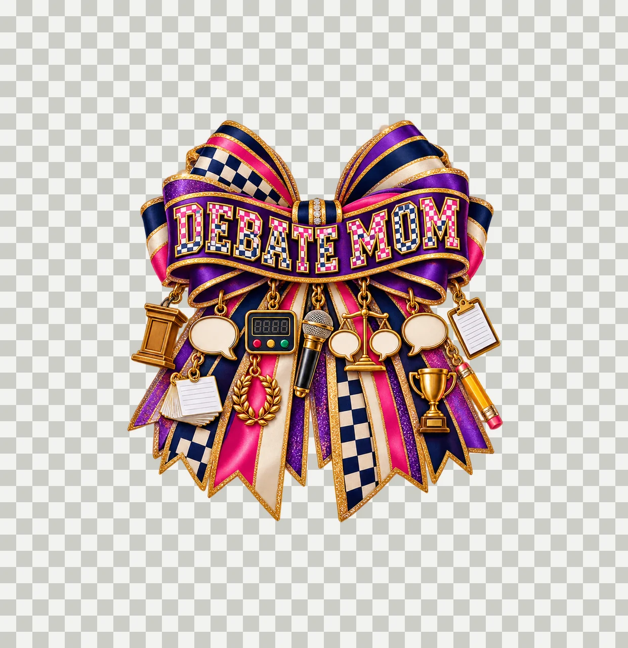 Debate Mom Bow Charm PNG, Patterned Varsity Mom Ribbon Clipart, Transparent Sublimation Digital Download transparency and detail preview thumbnail