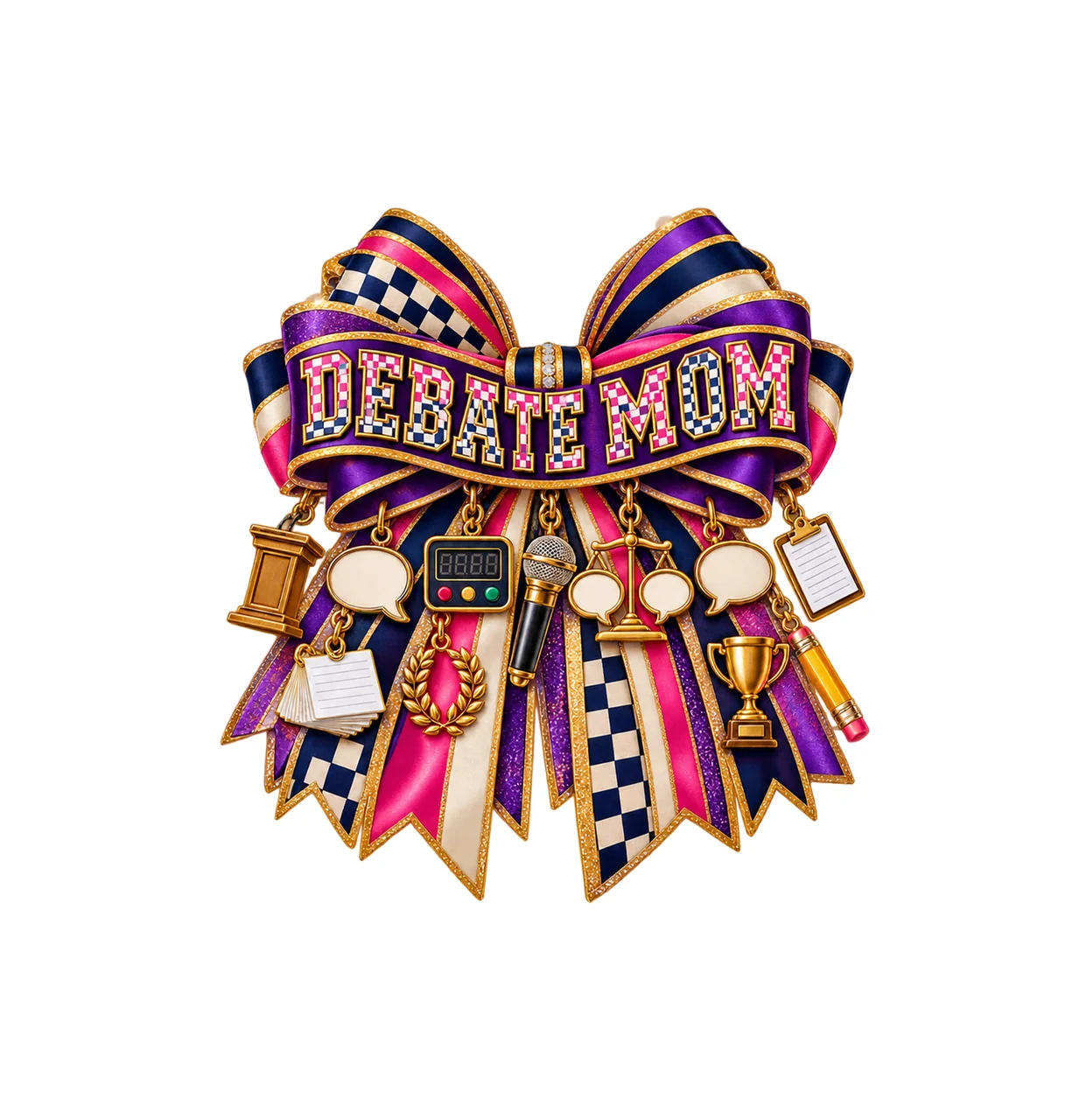 Debate Mom Bow Charm PNG, Patterned Varsity Mom Ribbon Clipart, Transparent Sublimation Digital Download