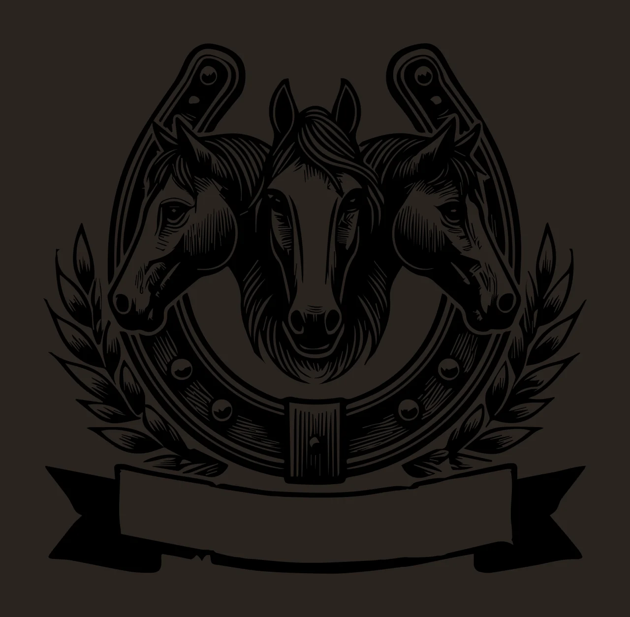 Horse Three Horses With Horseshoe And Banner Framed wheat Line art contrast preview thumbnail