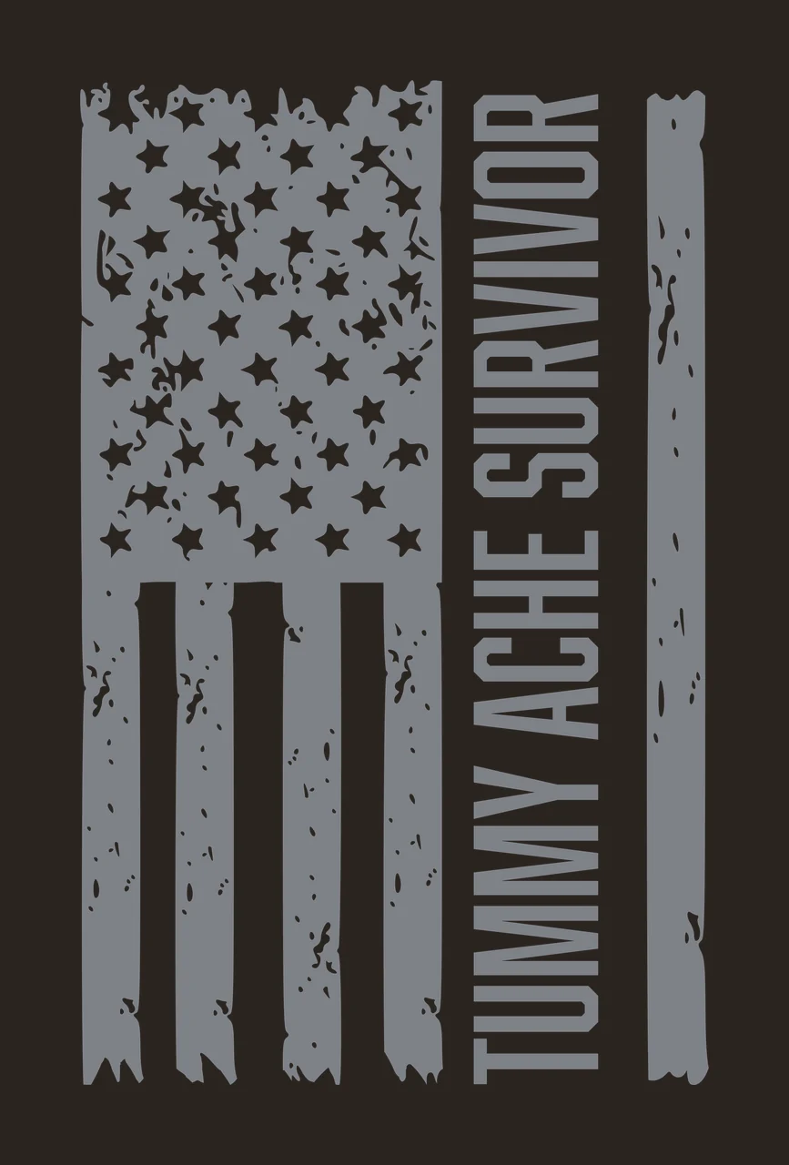 TUMMY ACHE SURVIVOR Typography Design with gray flag with white stars, vertical white stripes, gray vertical stripe on right and text 'TUMMY ACHE SURVIVOR' in bold uppercase contrast preview thumbnail