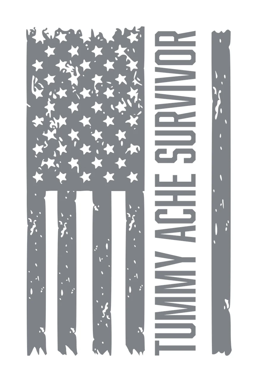 TUMMY ACHE SURVIVOR Typography Design with gray flag with white stars, vertical white stripes, gray vertical stripe on right and text 'TUMMY ACHE SURVIVOR' in bold uppercase