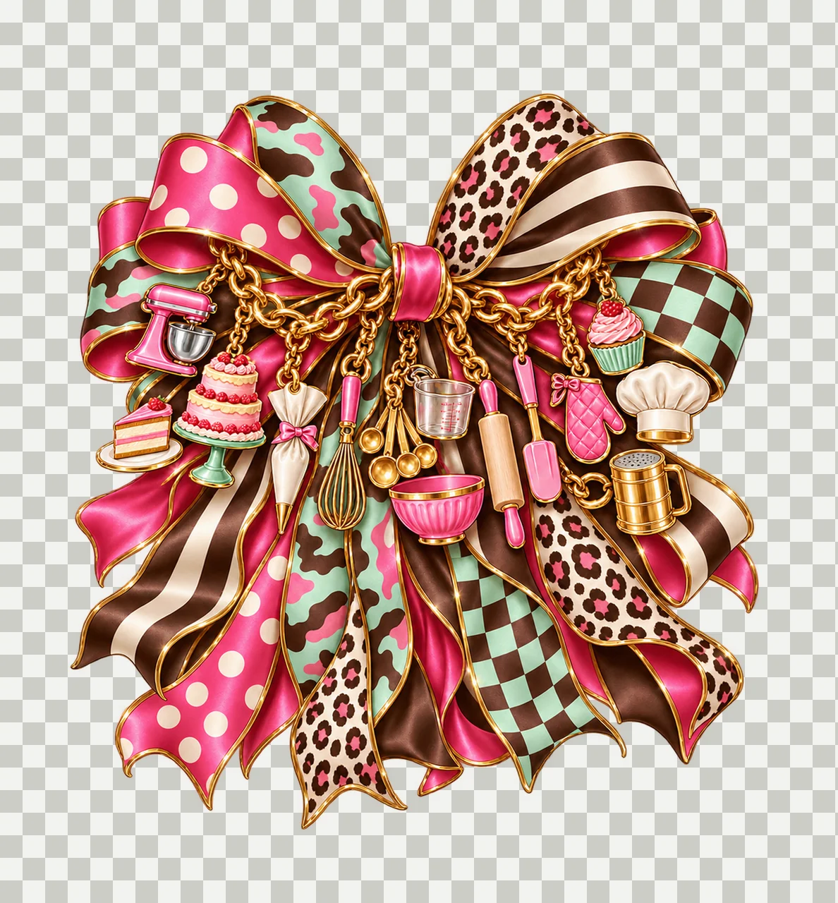 Cake Baker Bow Charm PNG, Layer Cake Mixer Whisk and Baking Tool Charms, Bakery Sublimation Design, Transparent Digital Download transparency and detail preview thumbnail