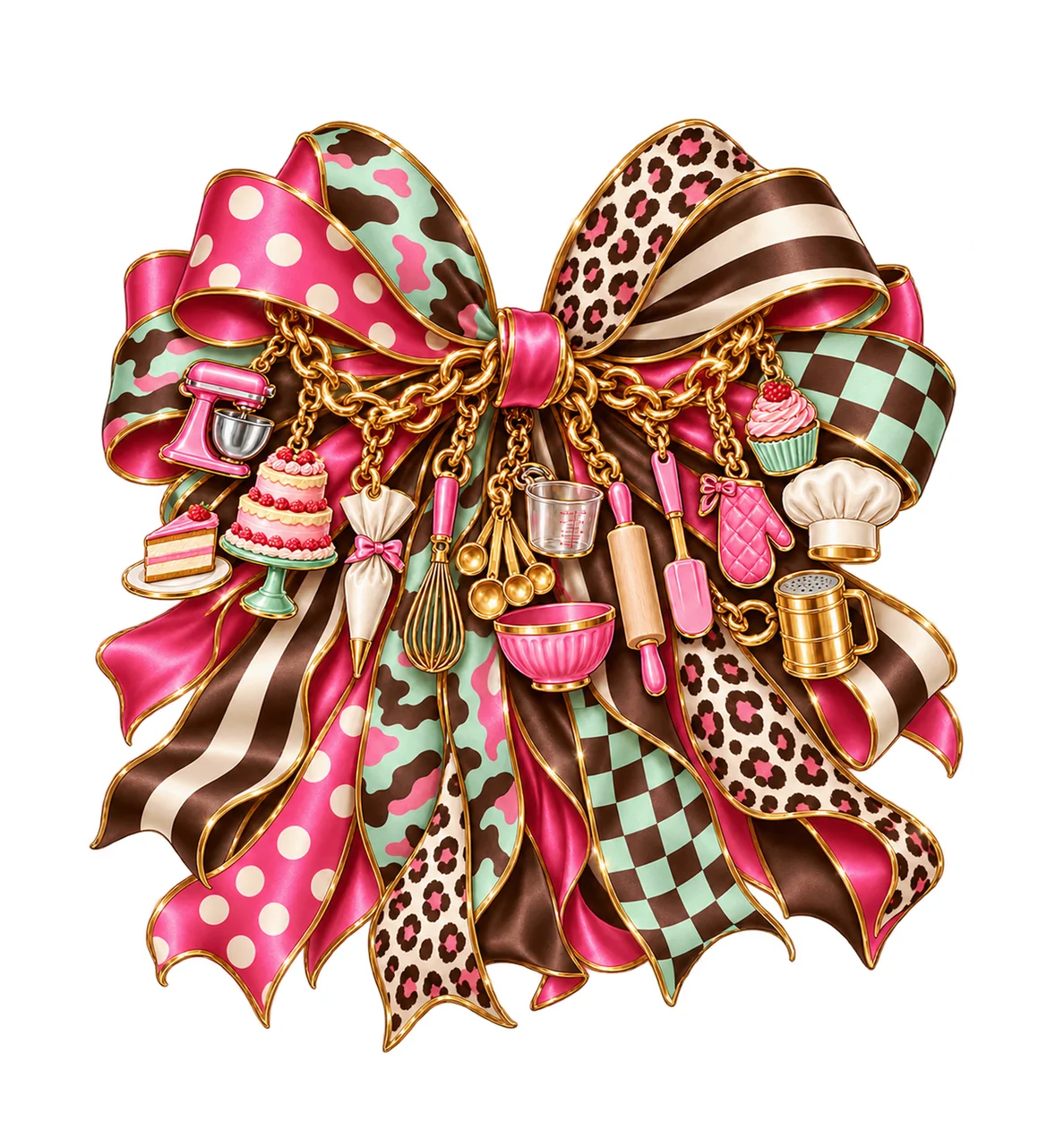 Cake Baker Bow Charm PNG, Layer Cake Mixer Whisk and Baking Tool Charms, Bakery Sublimation Design, Transparent Digital Download