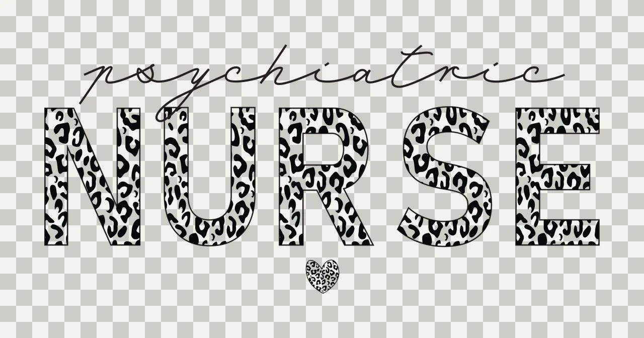 Psychiatric NURSE Typography Design with script text, block letters, leopard print pattern and heart icon in black and white transparency and detail preview thumbnail