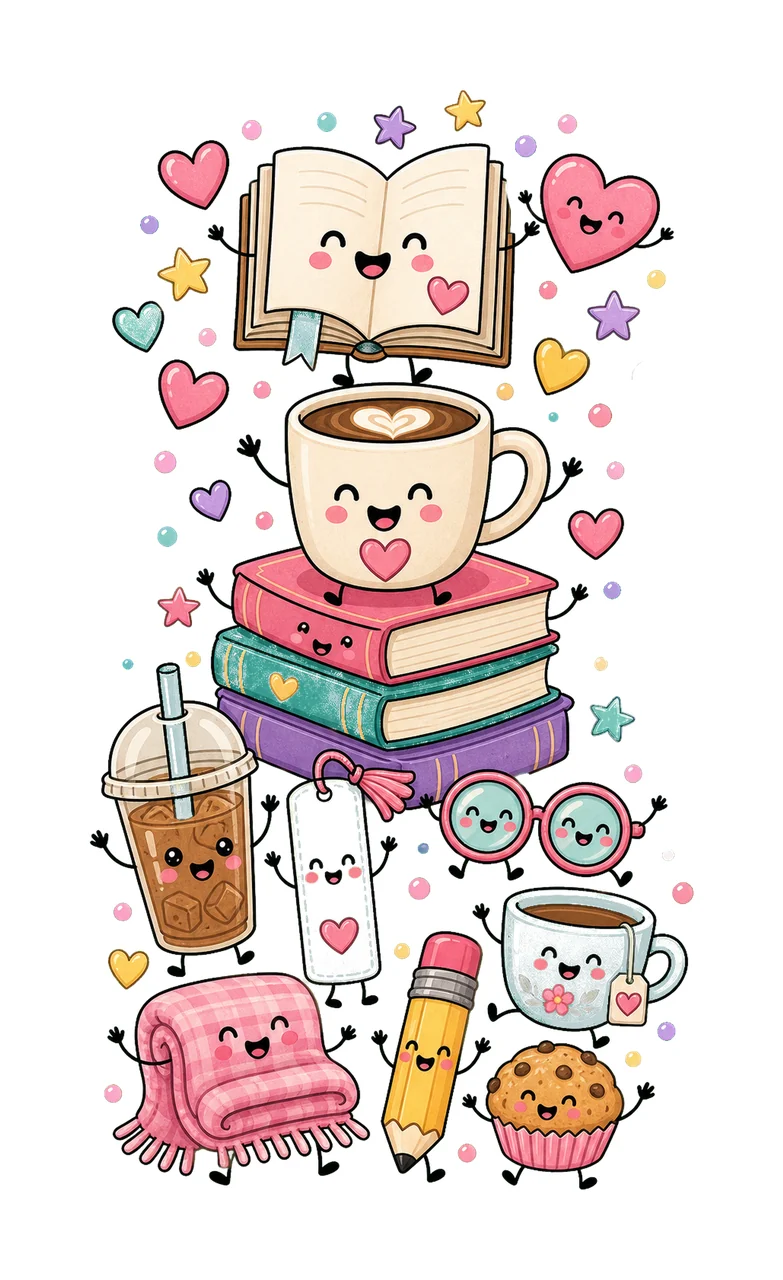 Books and Coffee Characters Doodle Cute Happy Variation A