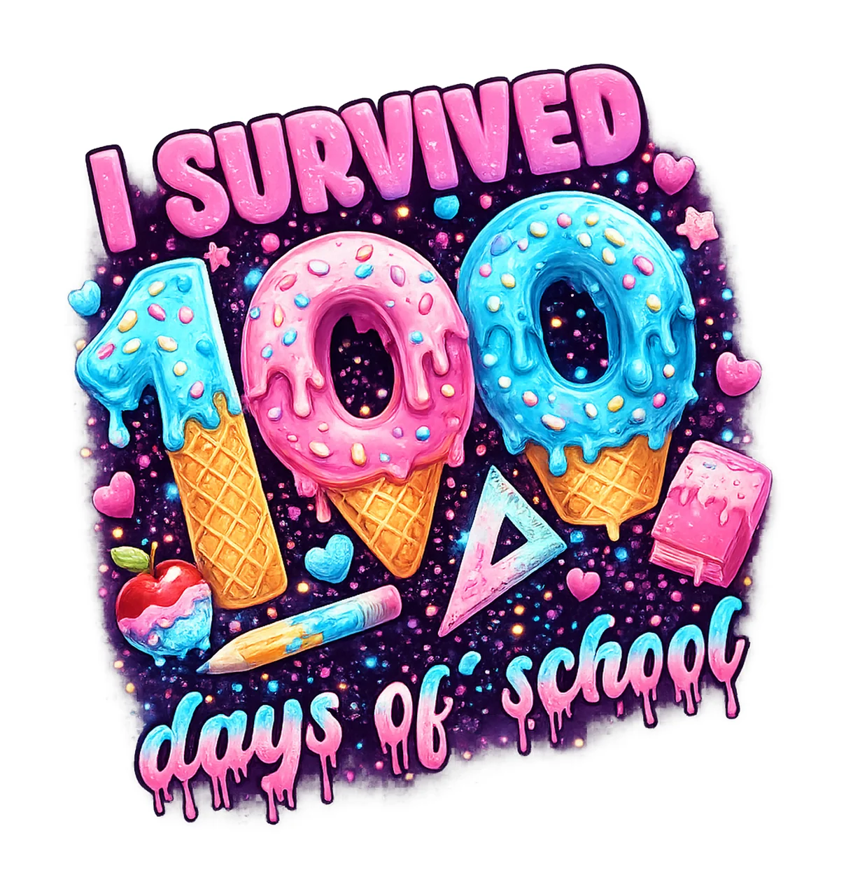 Survived 100 Days Of School Ice Cream Drip Design 100th Day