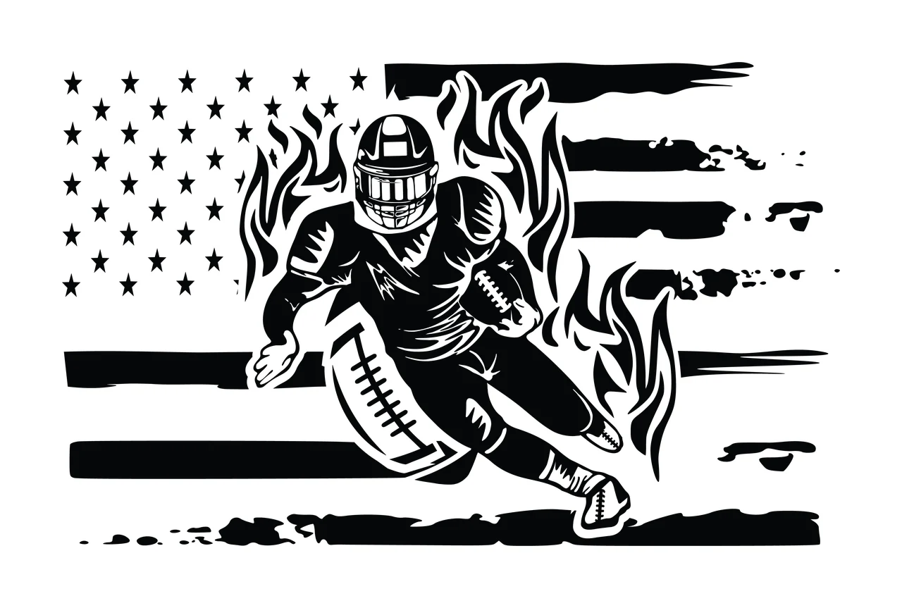 Football Flag American With Flaming Player running ball flames