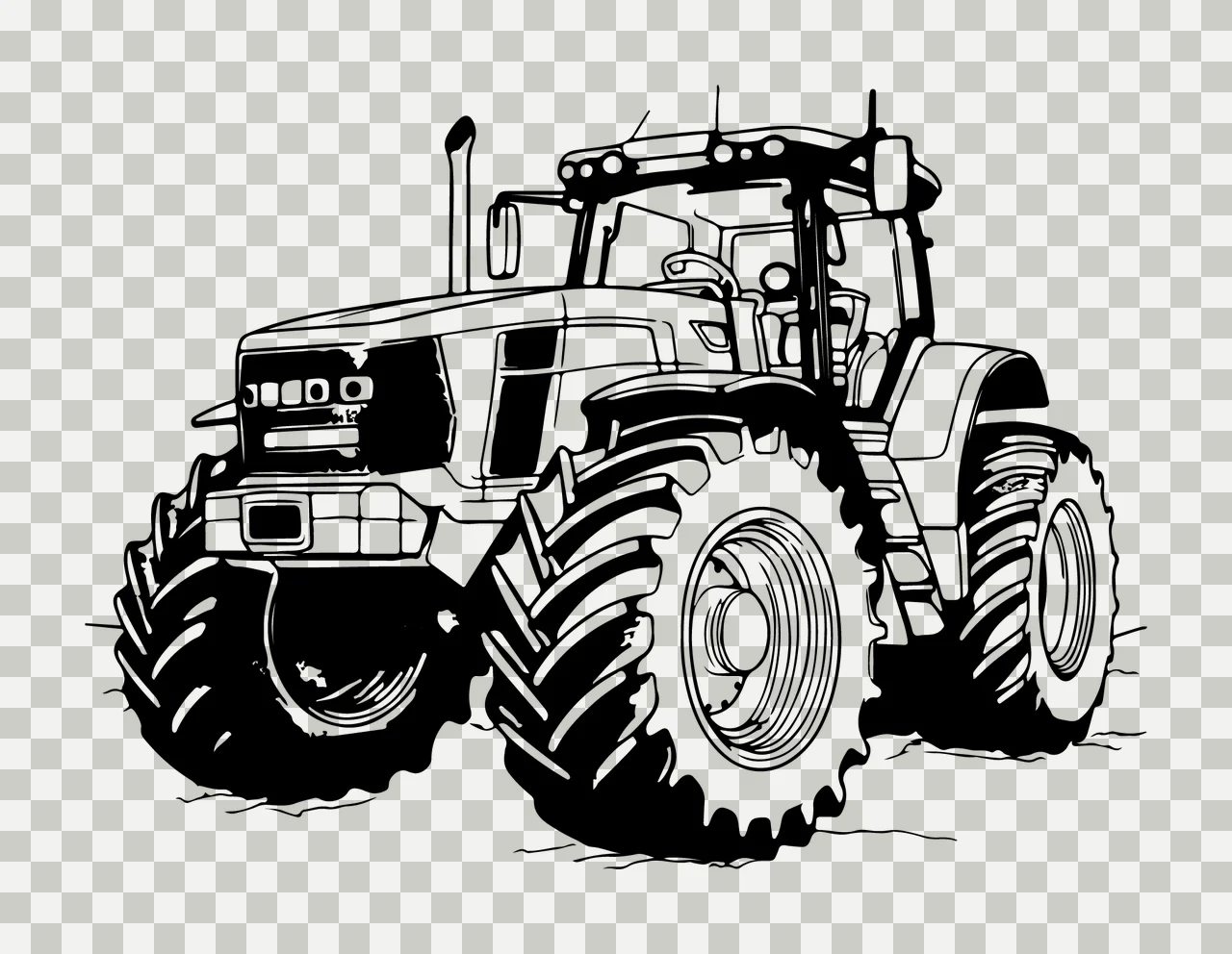 Black And White Tractor Illustration wheels engine cabin line art transparency and detail preview thumbnail
