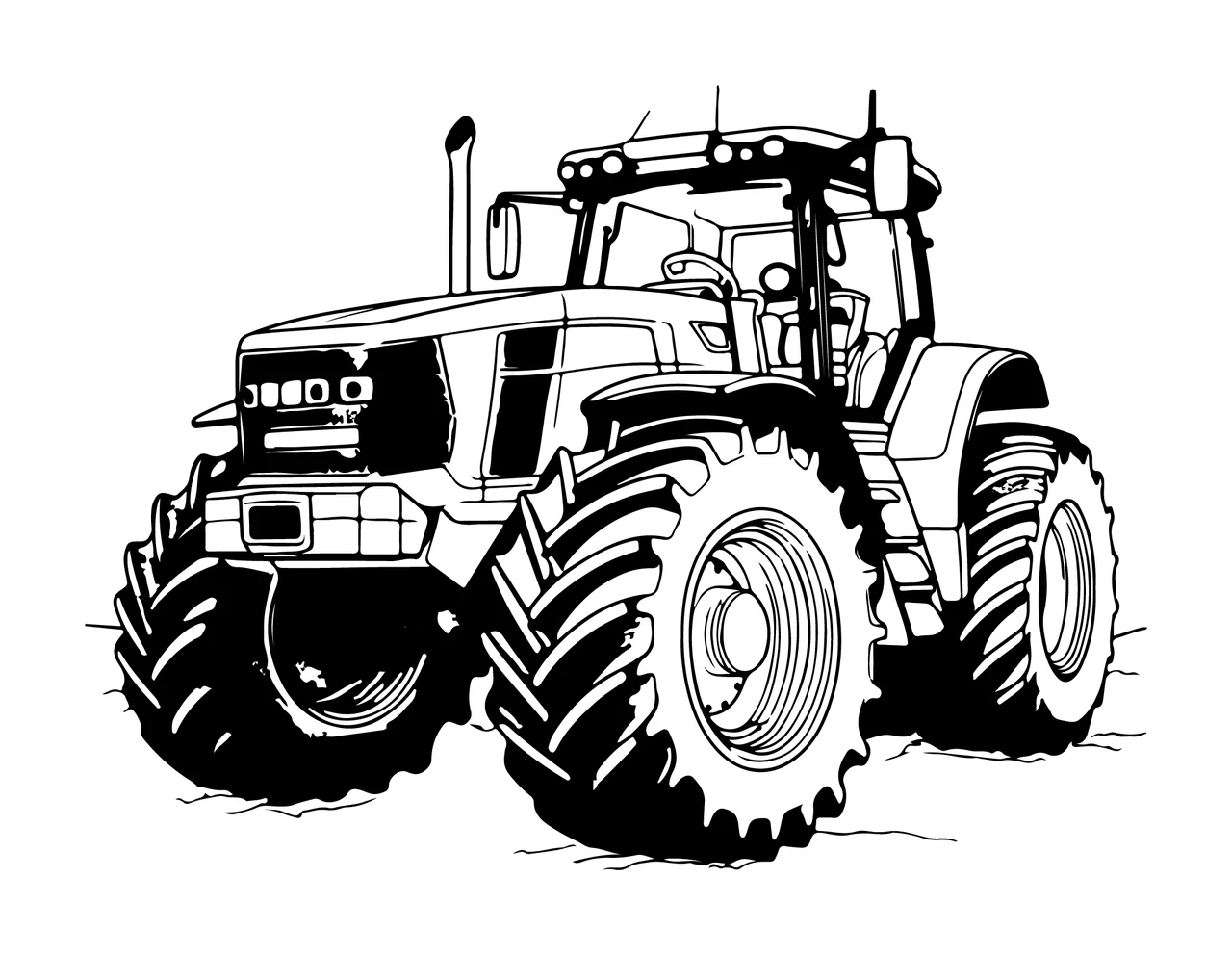 Black And White Tractor Illustration wheels engine cabin line art