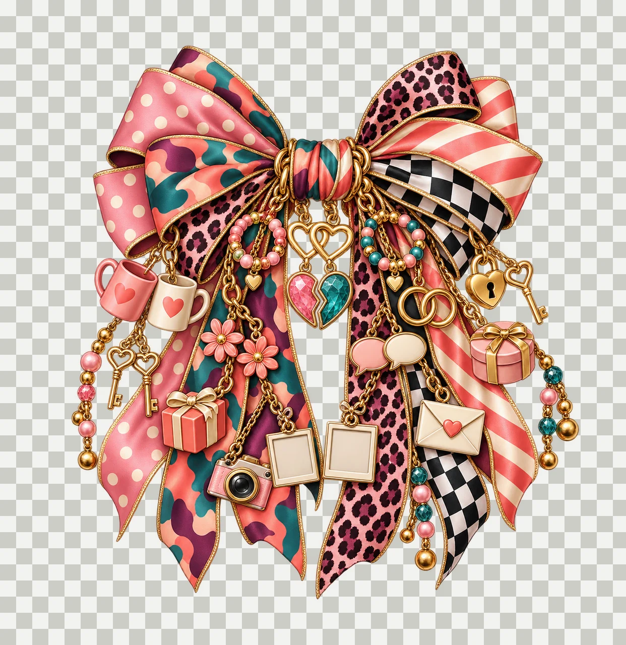 Best Friend Bow Charm PNG, Themed Gold Chain Charms, Coquette Ribbon Sublimation Design, Transparent Digital Download transparency and detail preview thumbnail