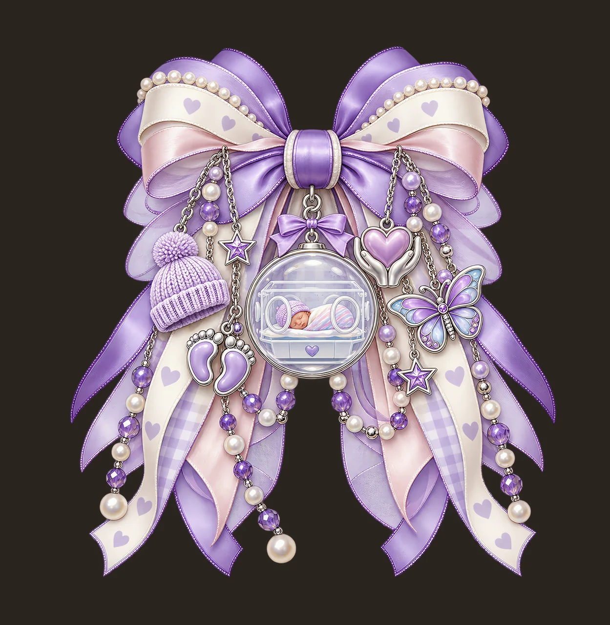 Prematurity Awareness PNG, Baby Incubator and Baby Footprints Coquette Bow, No Text Sublimation Clipart, Transparent Digital Download contrast preview thumbnail