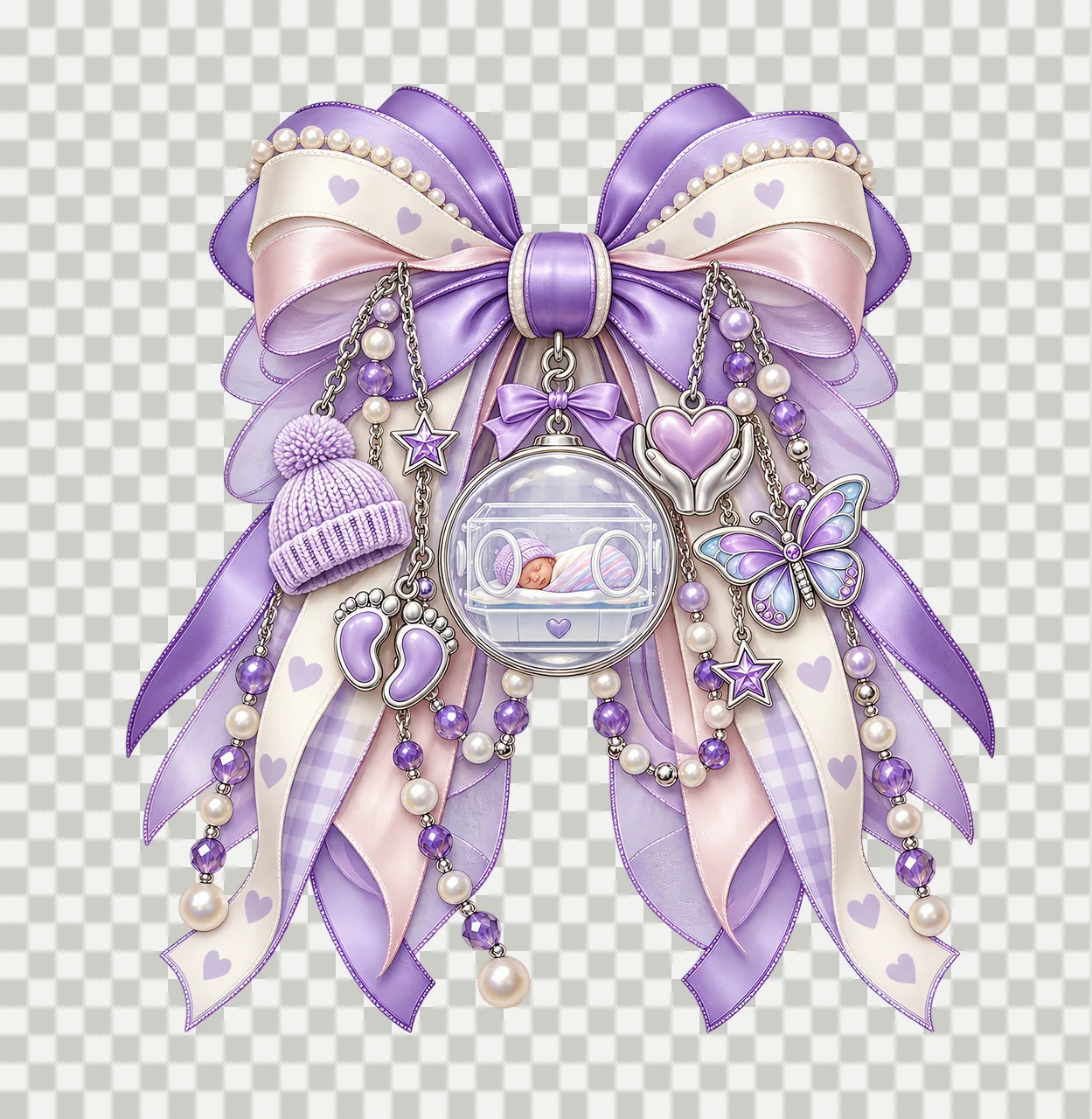 Prematurity Awareness PNG, Baby Incubator and Baby Footprints Coquette Bow, No Text Sublimation Clipart, Transparent Digital Download transparency and detail preview thumbnail