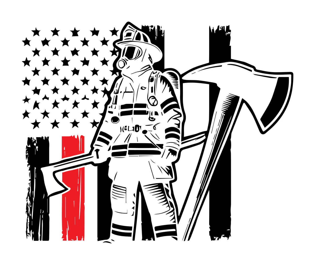 Flag Firefighter With Axe And Background standing American