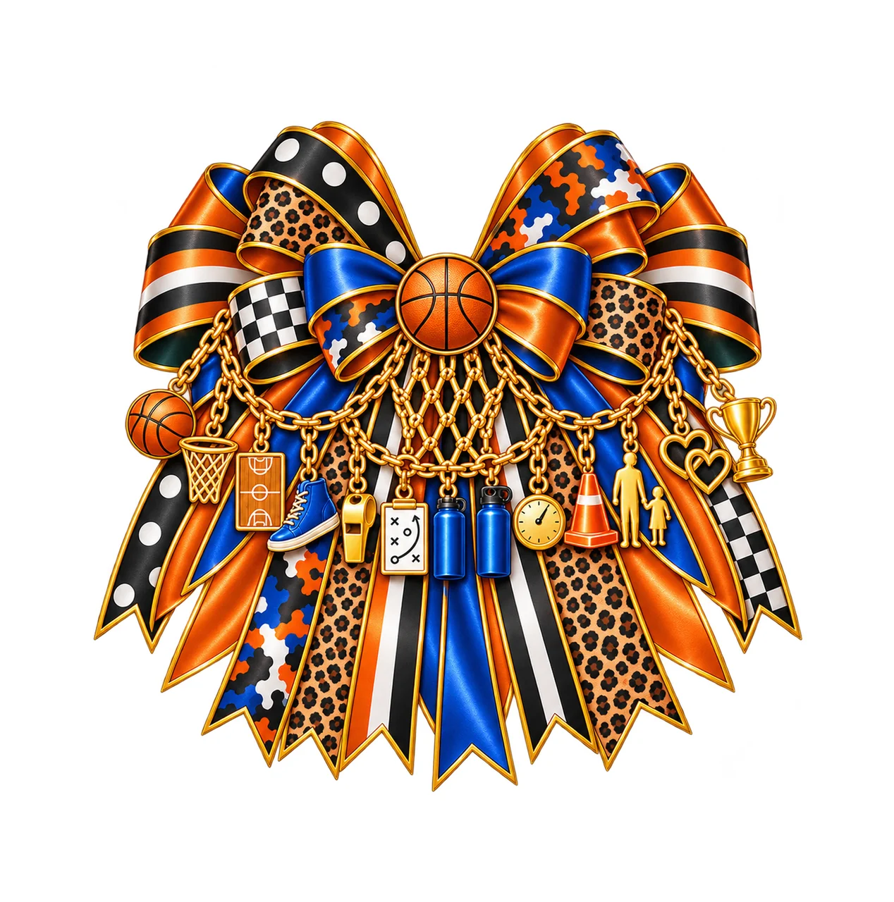 Basketball Dad Bow Charm PNG, Gold Chain Charms, Transparent Sublimation Design, Digital Download