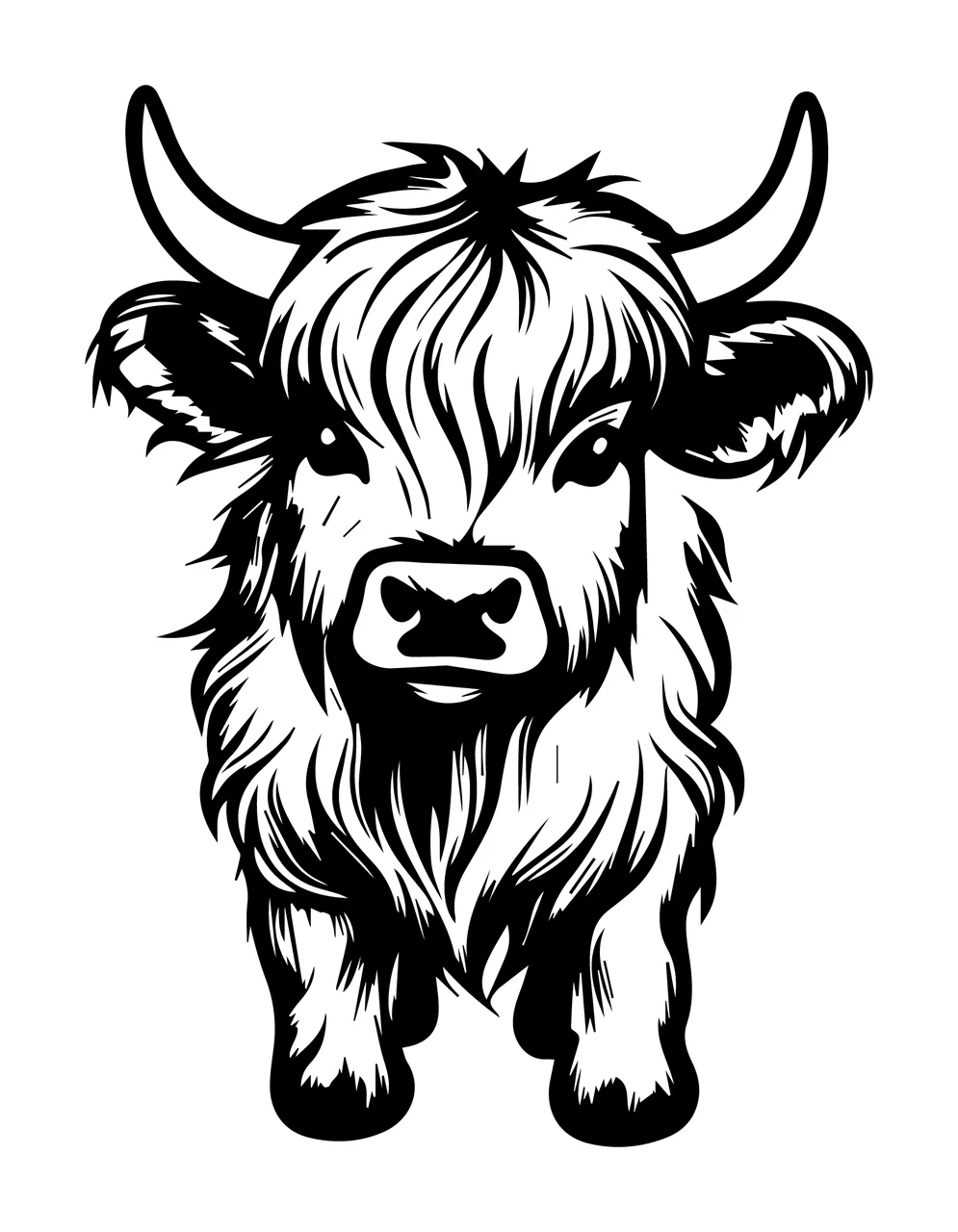 Cow Highland Portrait Black White Illustration standing horns