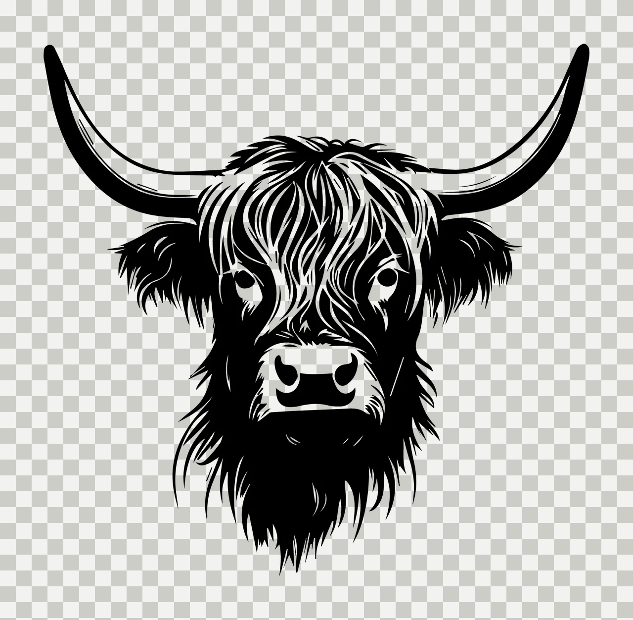 Highland Cattle Head Monochrome Graphic horns hair ears line art transparency and detail preview thumbnail