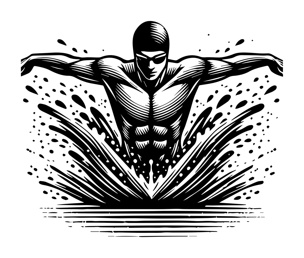 Swimming Swimmer Breaking Water Surface Line Art splashes cap