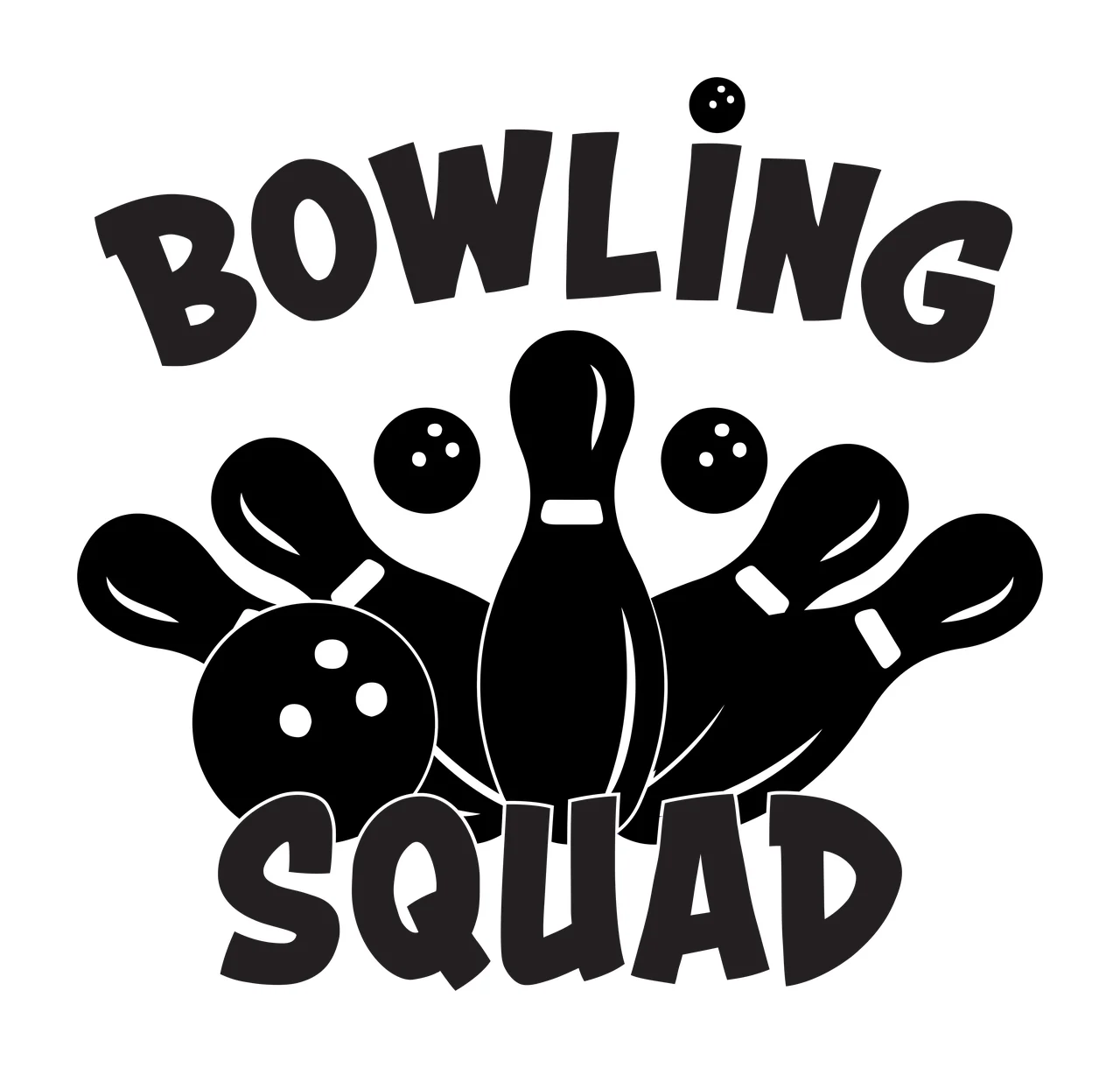 Bowling Squad With Pins And Ball black white sports typography