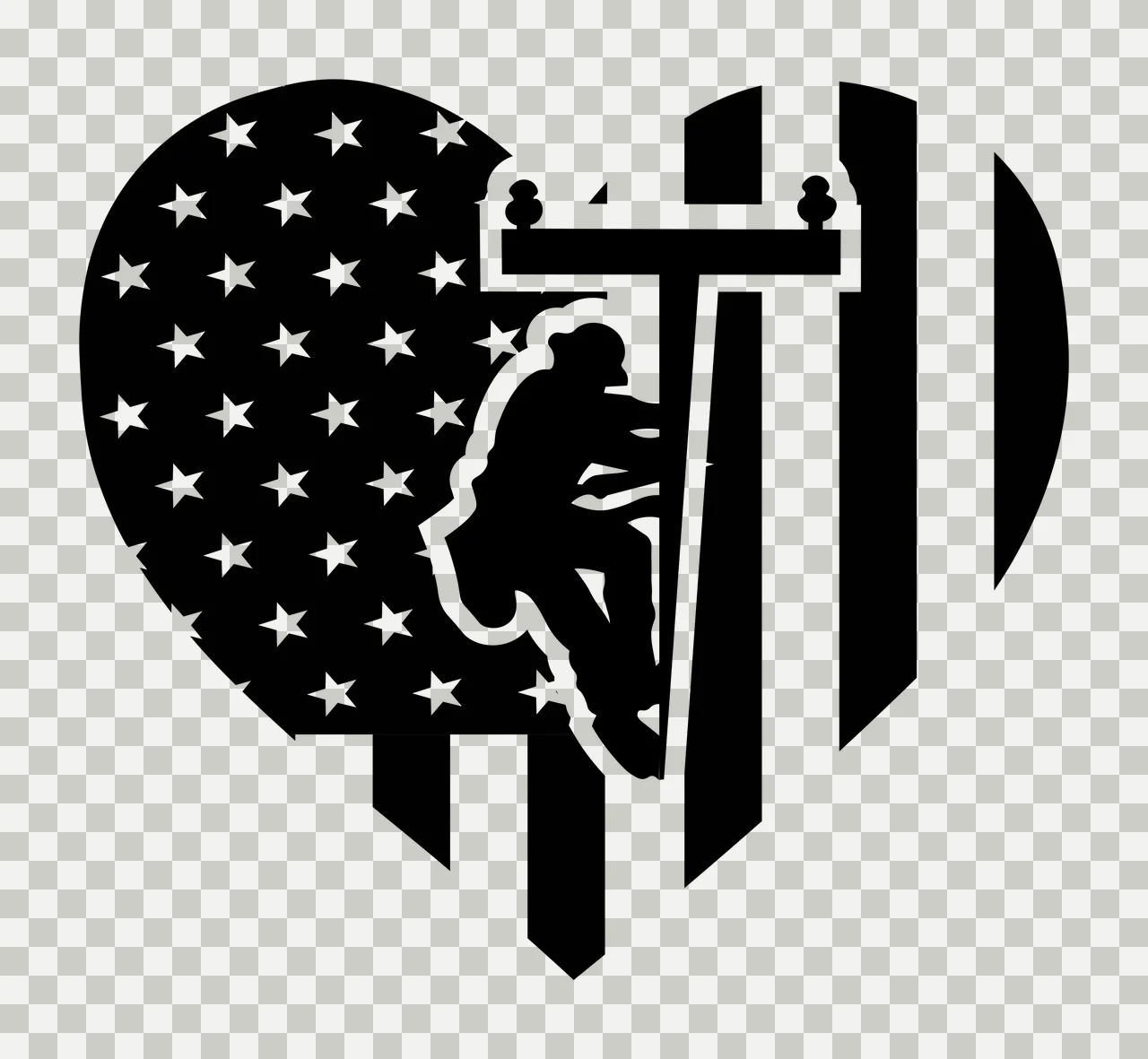 Lineman silhouette inside an American flag heart Illustration with heart shape, American flag stars and stripes, utility pole and crossarm in black and white transparency and detail preview thumbnail