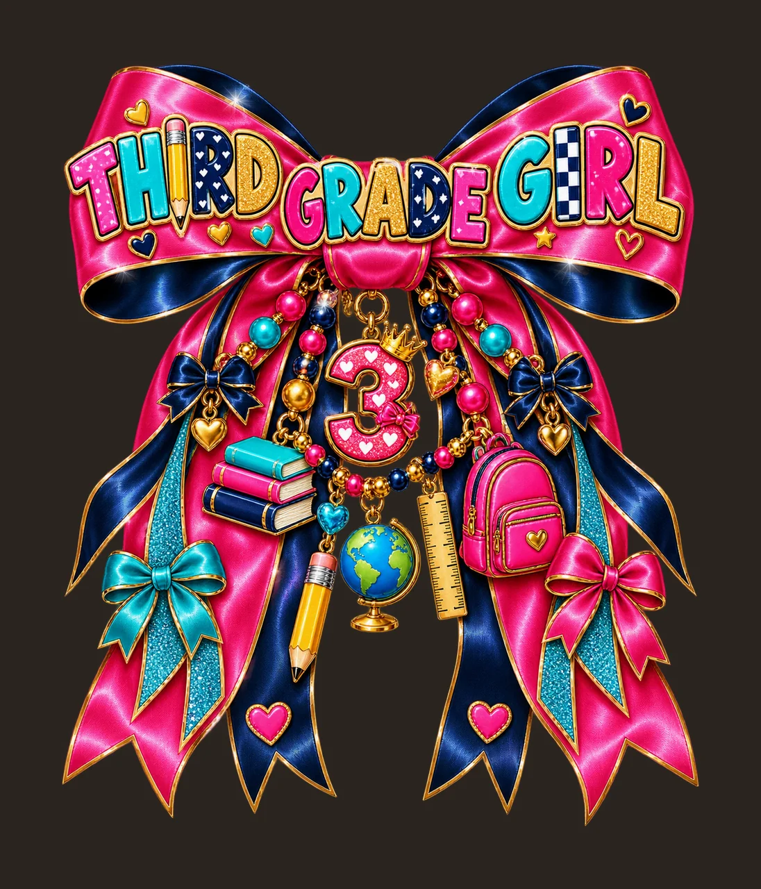 Third Grade Girl Bow Charm PNG, Coquette Ribbon Sublimation, Transparent Digital Download contrast preview thumbnail