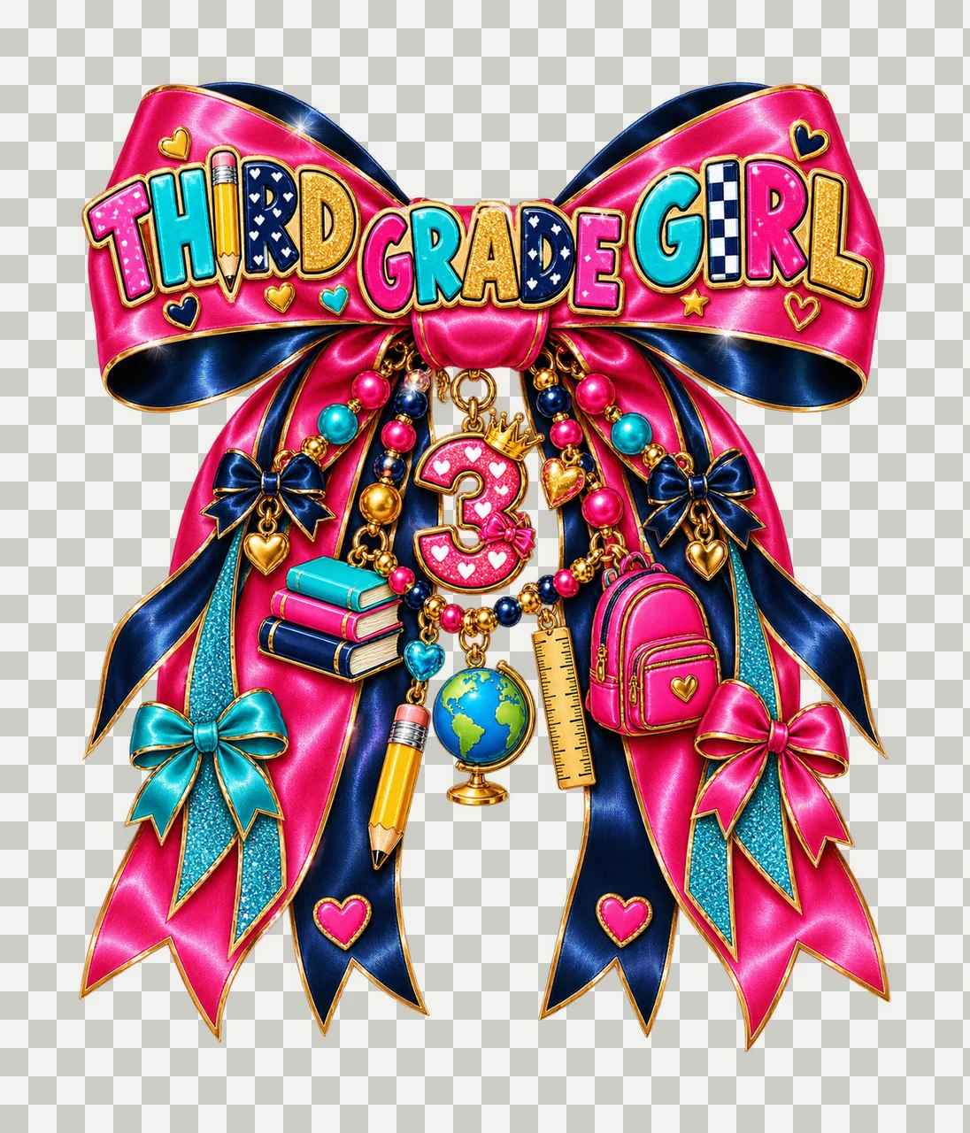 Third Grade Girl Bow Charm PNG, Coquette Ribbon Sublimation, Transparent Digital Download transparency and detail preview thumbnail