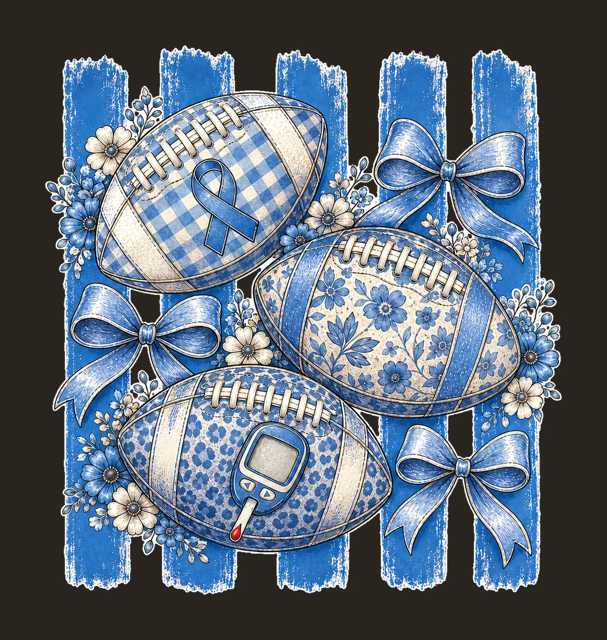 Diabetes Awareness Football Blue Floral Ribbon Variation C contrast preview thumbnail