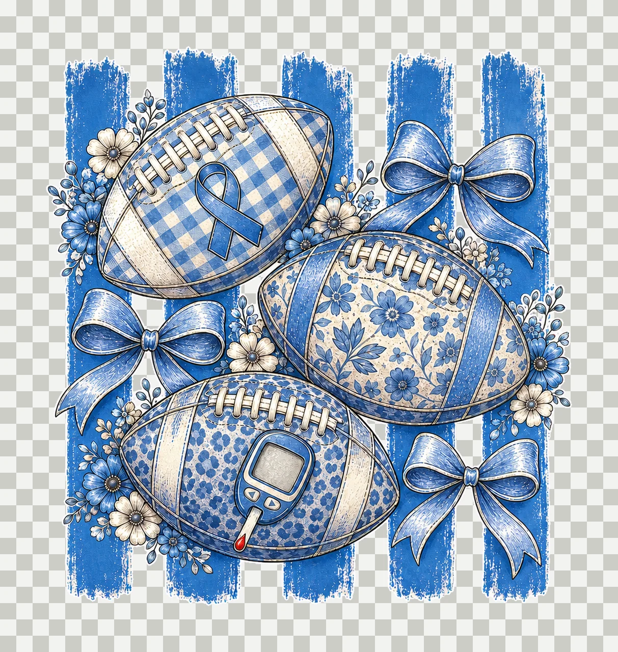 Diabetes Awareness Football Blue Floral Ribbon Variation C transparency and detail preview thumbnail