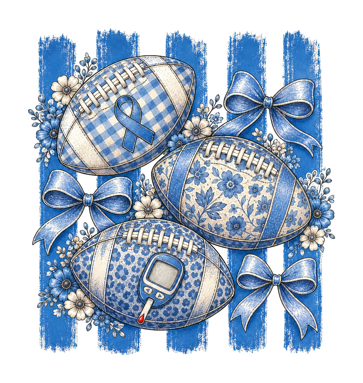 Diabetes Awareness Football Blue Floral Ribbon Variation C