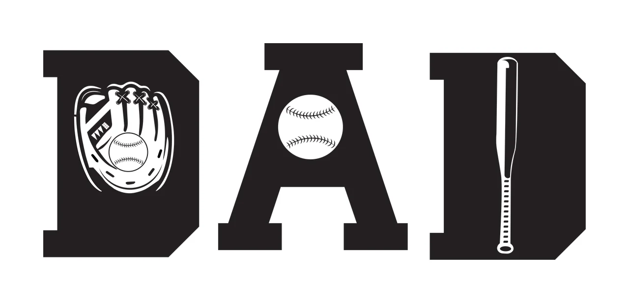 Baseball Dad Bold Typography Design with Baseball Glove Ball and Bat Silhouettes Inside the Letters on Plain White Background