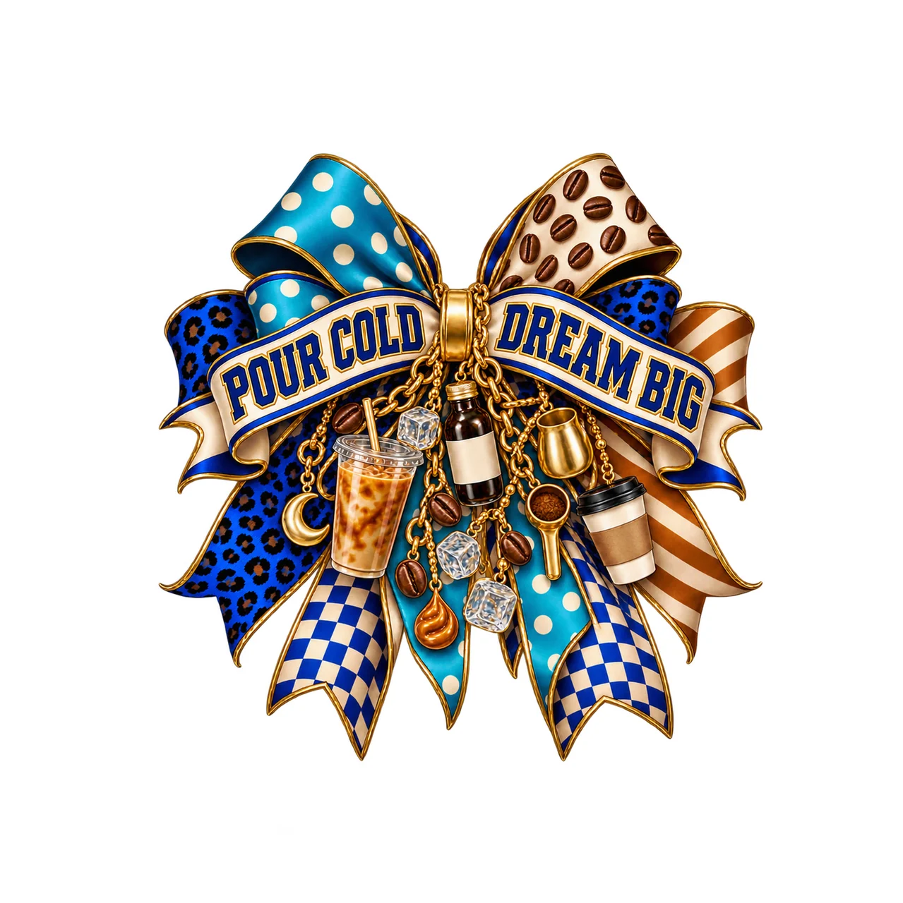 Pour Cold Dream Big Bow Charm PNG, Iced Coffee Quote Clipart, Transparent Sublimation Digital Download